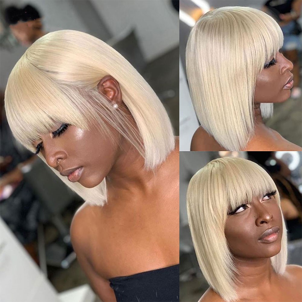 Stema 613 Blonde Straight 13x4 Lace Front Bob Wigs With Bangs